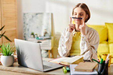 Ein Mädchen im Teenager-Alter vertieft in E-Learning, Stift in der Hand, Gedanken auf Papier übersetzen, während sie an einem Schreibtisch mit Laptop sitzt.