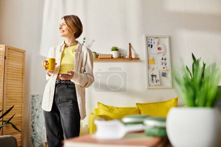 Una mujer serena está parada en una sala de estar iluminada por el sol, sosteniendo pacíficamente una taza de café.