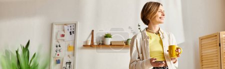 Photo for A teenage girl stands in a cozy living room, holding a cup of tea, while e-learning on her laptop. - Royalty Free Image