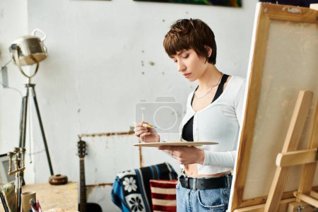 Una mujer pinta en un caballete en un estudio.