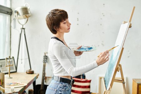 Eine Frau im weißen Hemd malt auf einer Staffelei.