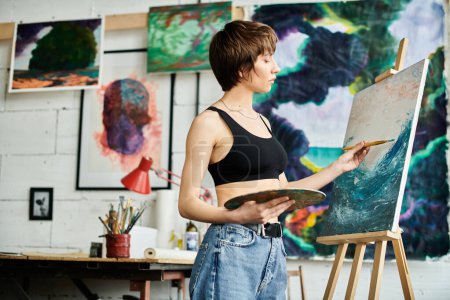 Una mujer en una camiseta negra se centra en la pintura de una obra maestra.