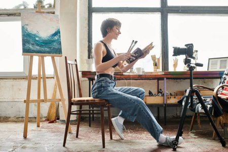 Foto de Pretty woman sitting in chair, showing how to paint on camera. - Imagen libre de derechos