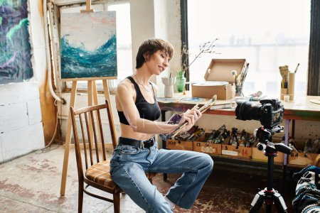 Mujer en silla, pinturas en cámara.