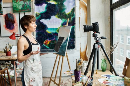 Foto de Una mujer de pie frente a un caballete con una pintura. - Imagen libre de derechos