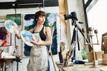 A poised woman carefully holds palettes in a well-lit studio setting.
