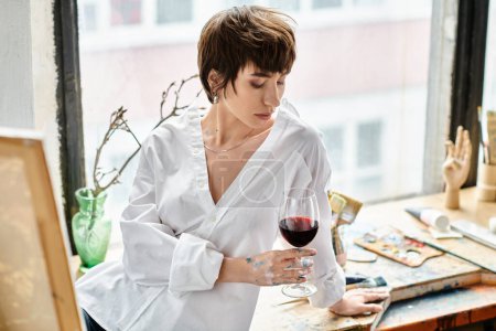 Une femme tient gracieusement un verre de vin rouge, savourant ses teintes profondes et son arôme riche.