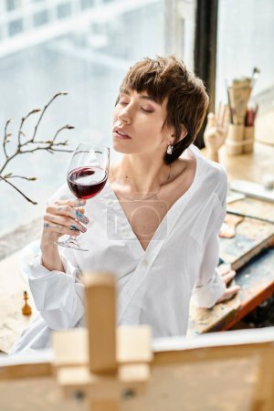 Eine Frau strahlt Raffinesse aus, während sie elegant ein Glas Rotwein in der Hand hält.