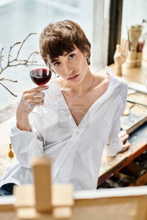 Femme élégante tenant un verre de vin rouge.