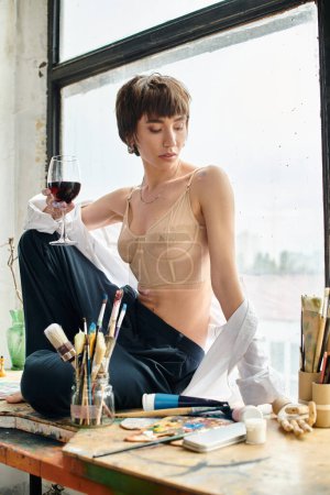 Foto de Mujer disfrutando de una copa de vino sentado en el alféizar. - Imagen libre de derechos