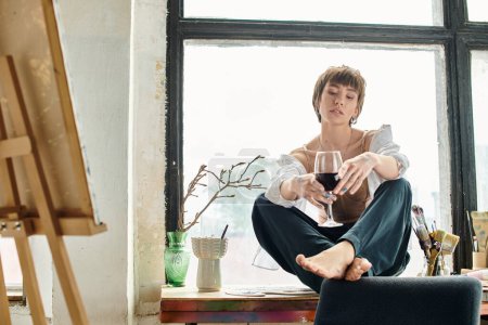 Frau entspannt sich auf Fensterbank, hält Glas Wein in der Hand.