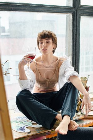 Eine Frau entspannt sich auf einem Fenstersims mit einem Glas Wein.