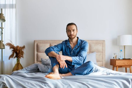 Ein gutaussehender Mann praktiziert Yoga, sitzt mit den Füßen auf einem Bett.