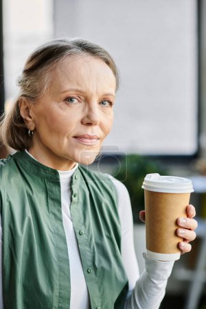 Photo for A woman, elegant and focused, holding a steaming cup of coffee. - Royalty Free Image