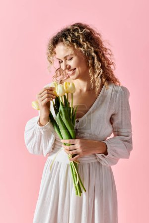 Elegante Frau im weißen Kleid mit einem Strauß Tulpen.