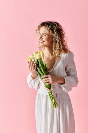 Woman in white dress holds tulips on pink background.
