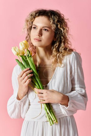 Beautiful woman holds tulip bouquet on pink background.