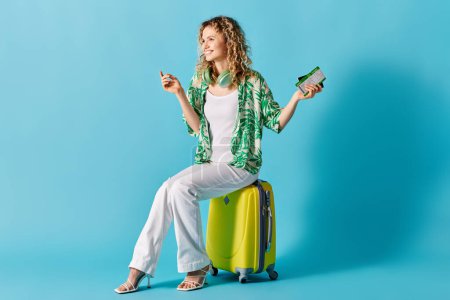Woman with curly hair sitting on yellow suitcase, holding tickets.