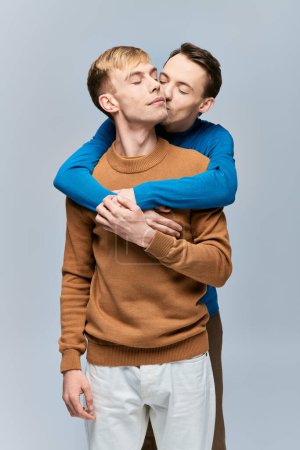 Two men, a loving gay couple, embrace each other with their arms around each other, showcasing unity and connection.