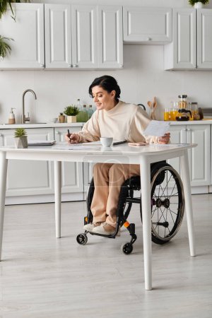 A disabled woman in a wheelchair is working at a kitchen table.