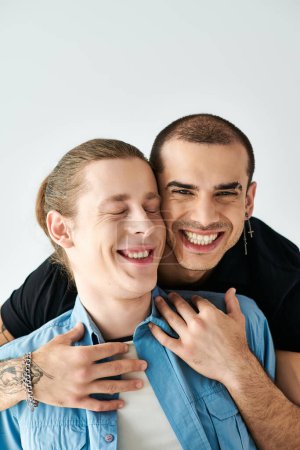 Two men share a warm embrace, expressing love and connection.