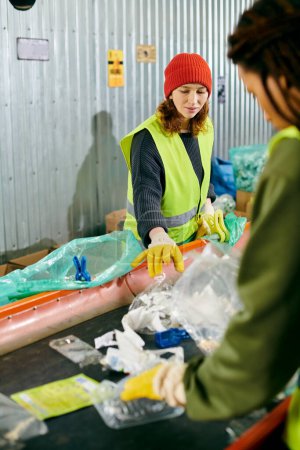 Two young volunteers in yellow and green vests sort trash together, embodying eco-conscious values through their actions.