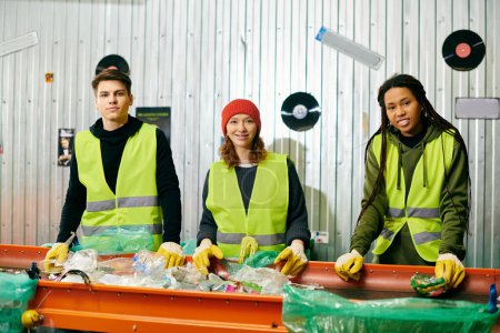 Téléchargez les photos : A group of eco-conscious young volunteers in gloves and safety vests, standing around a table filled with garbage. - en image libre de droit