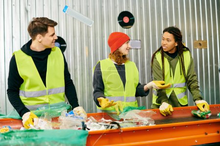 Young volunteers in gloves and safety vests sorting waste on a table, promoting eco-conscious practices.