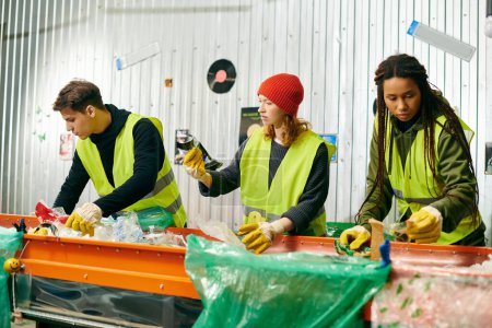 A group of eco-conscious young volunteers wearing yellow vests and gloves, sorting through trash together.