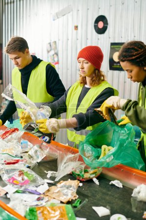 Young volunteers in gloves and safety vests sorting trash at a table filled with garbage.