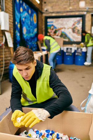 A young man in a bright yellow safety vest and gloves sorts trash with fellow eco-conscious volunteers.