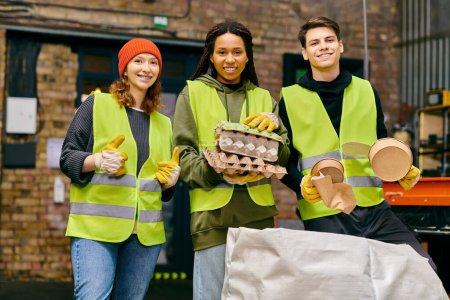 Photo for Young volunteers in safety vests and gloves sorting trash together - Royalty Free Image
