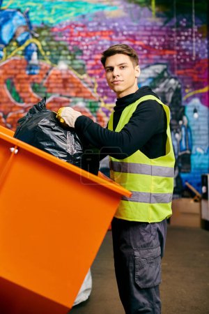A young man in a yellow vest is holding a trash can, sorting waste