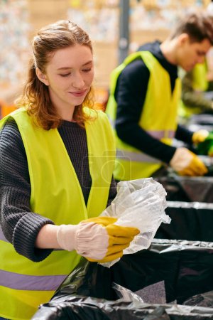 A young woman in a yellow vest diligently cleans up trash as part of a volunteer effort to keep the environment clean.