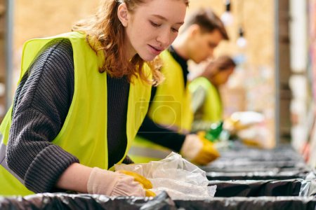 A young woman in a yellow safety vest sorts trash at a table with other eco-conscious volunteers.