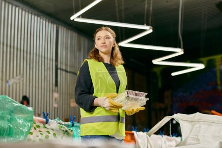 A young volunteer in a yellow vest holding a bowl of food, showcasing her eco-conscious efforts in waste sorting.
