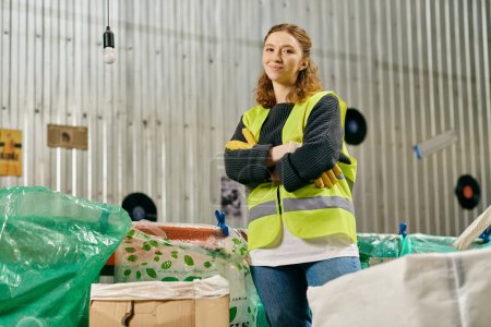 A young volunteer wearing gloves and a safety vest stands in a warehouse sorting waste as part of eco-conscious efforts.