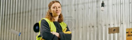 A young volunteer in a safety vest and gloves sorts waste in a warehouse, displaying eco-conscious values.