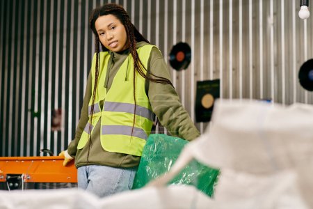 A young volunteer in a safety vest stands next to a pile of plastic bags, sorting waste to protect the environment.