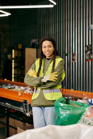 Young volunteer in gloves and safety vest stands with crossed arms, sorting waste in a warehouse.