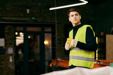 Young eco-conscious volunteer in yellow safety vest sorting waste in a warehouse.