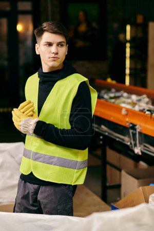 Young volunteer in yellow safety vest, gloves, sorting waste