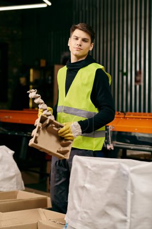 A young volunteer in gloves and safety vest holding a box in a warehouse while sorting waste.