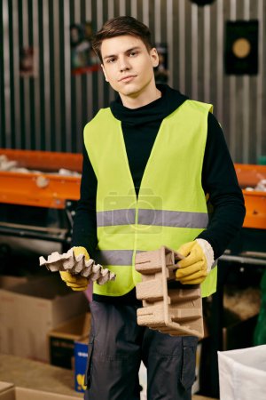 A young volunteer in a safety vest and gloves sorts waste with a tool, showcasing eco-conscious actions.
