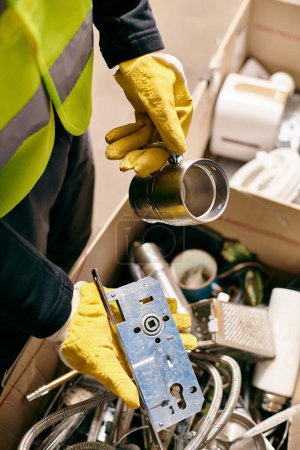 A young volunteer in a yellow safety jacket and gloves carefully holds a can while sorting waste.