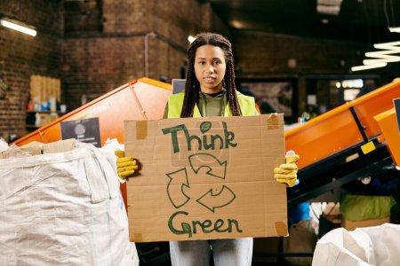Foto de A young volunteer in gloves and safety vest advocates for the environment holding a think green sign. - Imagen libre de derechos