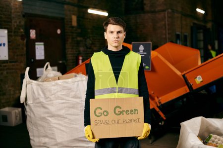 A young man holds a cardboard sign that says Go Green while wearing gloves and a safety vest, promoting environmental awareness.