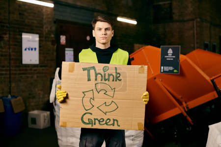 Young volunteer in gloves and safety vest holds think green sign, promoting eco-consciousness and waste sorting efforts.