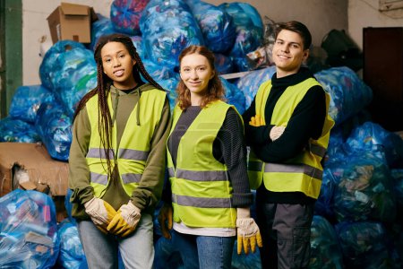 Young volunteers in gloves and safety vests stand next to a large pile of plastic bags, sorting waste for recycling.