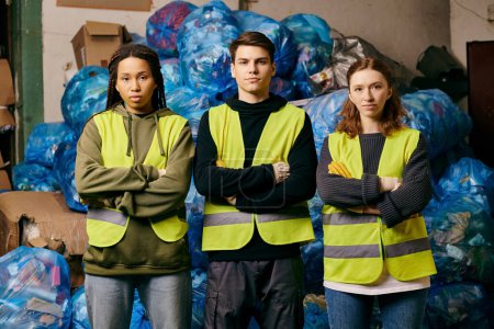 Three eco-conscious volunteers in gloves and safety vests stand before a mound of plastic bags, sorting waste.